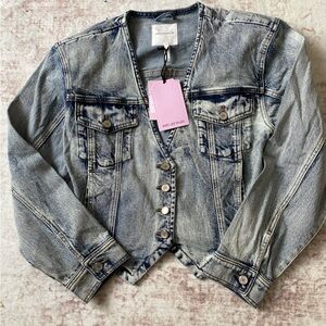 Avec Les Filles Cropped V neck Denim Jacket